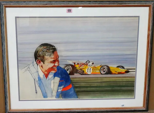 Neil McDonald (20th century), Bruce McLaren, watercolour over pencil, signed, 47cm x 67cm.  F1
