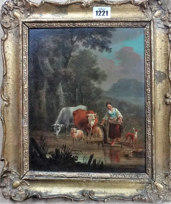 Follower of Nicolaes Pietersz Berchem, Cattle, sheep and peasant girl watering at a ford, oil on panel, inscribed verso, 26cm x 21cm.