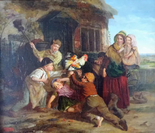 After William Henry Knight, Children catching a cockerel, oil on panel, possibly over a printed base, bears a signature and date 1862, 35cm x 41cms; t