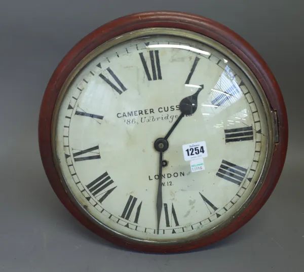 Camerer Cuss & Co; a mahogany cased 12 inch dial timepiece with convex glass and single train fusée movement and another similar dial clock detailed '