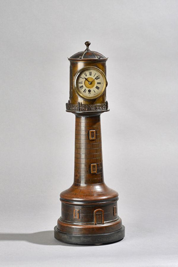 A French bronzed 'lighthouse' automaton 8 day mantel clock, circa 1900, the turret with separate barometer and thermometer, (lacking glass) over a 30