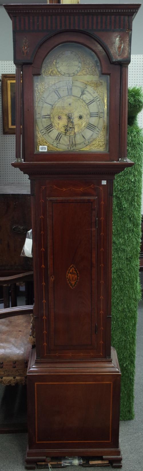 A late George III mahogany, boxwood-inlaid and ebony-outlined longcase clockBy Walter Barr, Port Glasgow, circa 1810The moulded cornice inlaid with tw