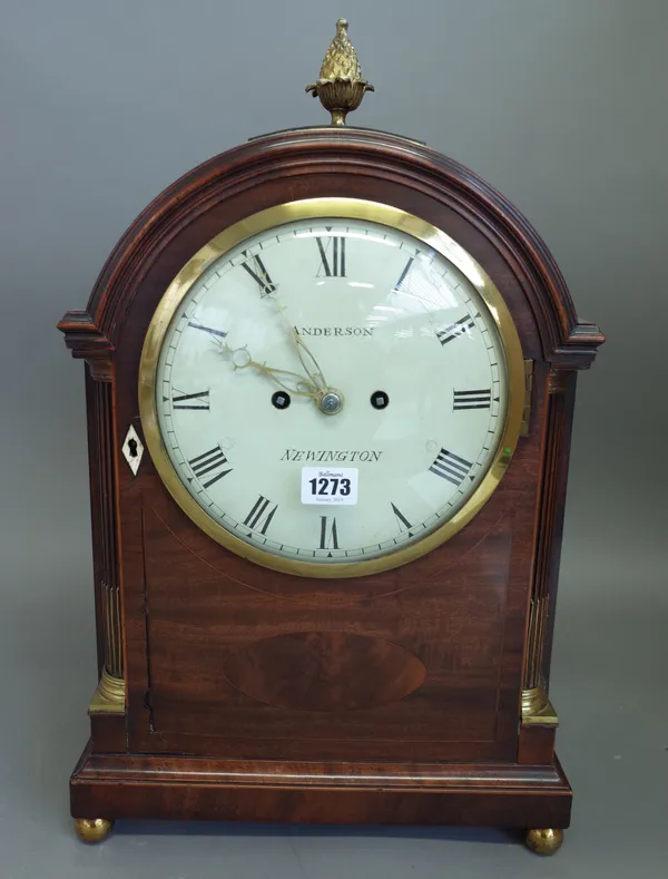 A George III mahogany and boxwood line-inlaid bracket clockInscribed Anderson, NewingtonThe broken arched case surmounted by a pineapple finial, above