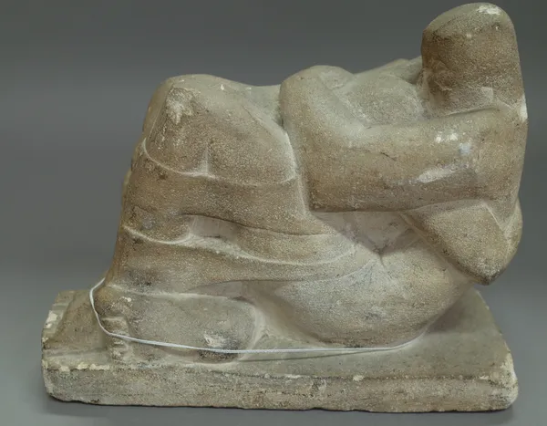 A Henry Moore style stone figure group depicting an embracing couple, unsigned, 26cm wide.  1674