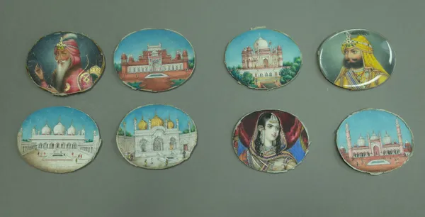 Eight Indian miniatures on ivory, late 19th century, including; Maharaja Sher Sing of Punjab, Pearl Queen Lucknow, Pearl mosque Delhi, Tomb of sufter
