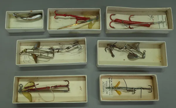 Twelve vintage Hardy fishing lures, seven boxed, some unused and carded. (12).