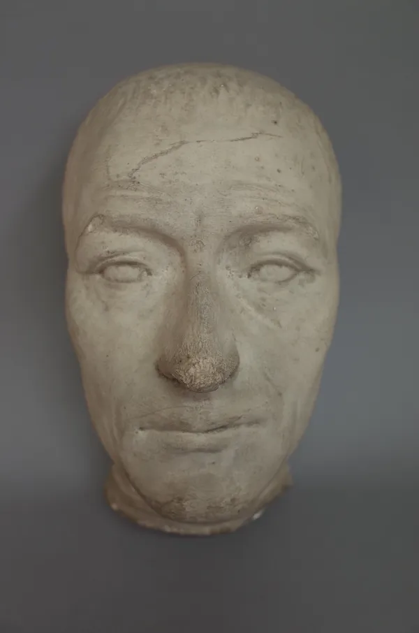 A plaster mask or maquette, circa. 1900, signed 'G.M. GLASS 20 HIGH HOLBORN, 61 STROZZI LOUVRE', male, unknown subject, 26.5cm high.