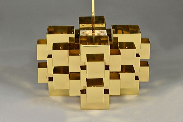 A Curtis Jere style polished brass cubist chandelier, unsigned. 110cm. Illustrated
