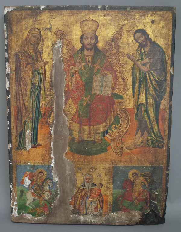 An early 19th century Russian Icon of the Deisis (a.f.) 44.5cm x 33cm.