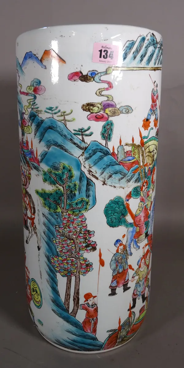 A Chinese famille rose cylindrical umbrella stand, modern, painted with figures in a landscape, 46cm high.  C5