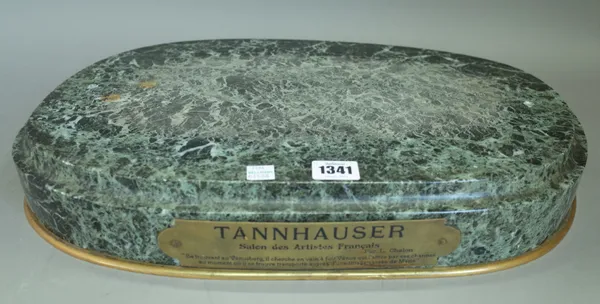 A Victorian oval green marble plinth with applied titled brass plaque 'Tannhauser- Chalon', 48cm wide, a French bronze and marble mounted socle titled