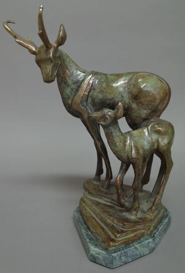 Deer Group, gilt and patinated bronze, indistinctly signed, dated 1992, Ltd edition 7/30, on a marble plinth, bronze 27.5cm high.  532