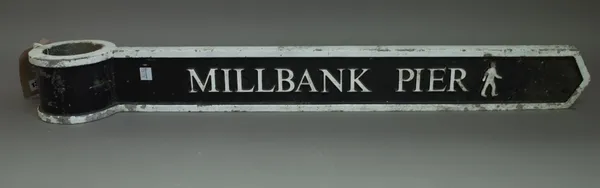 'Millbank Pier', a painted metal London street sign, 80cm.