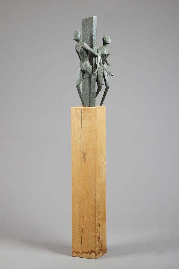 Guy Buseyne, 'Both Ways', patinated bronze figural sculpture, signed, Ltd edition of 75, on an oak plinth, bronze 58cm high. DDS .
