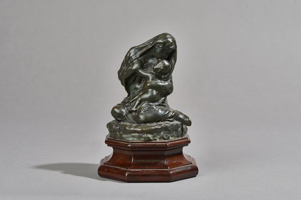 Alfred Bertram Pegram, (English, 1873-1941), patinated bronze group depicting mother & child, signed to the cast, on an octagonal mahogany base, 16cm