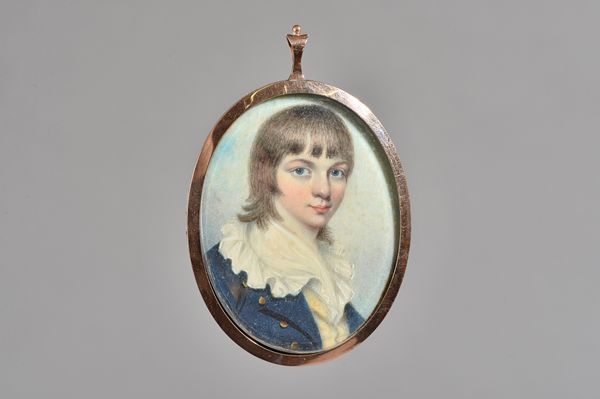 Attributed to George Engleheart, a portrait miniature on ivory of a young boy, said to be George St. J. Rickens, circa 1780, contemporary frame with b
