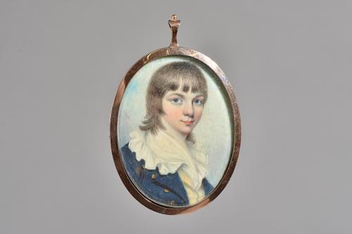 Attributed to George Engleheart, a portrait miniature on ivory of a young boy, said to be George St. J. Rickens, circa 1780, contemporary frame with b
