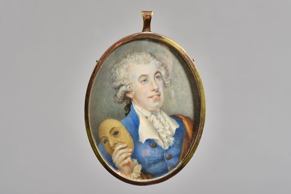Late 18th century English school, portrait on miniature of an actor- possibly David Garrick, depicted in blue coat, white stock and holding  a mask, l