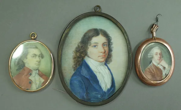 Mid-18th century English school, portrait on miniature of Lord Hyde, brown coat, gold coloured frame, image 3.1cm high and two further portrait miniat