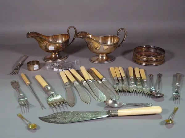 A box of plated wares, including flatware, gravy boats and sundry, (qty).  S3T