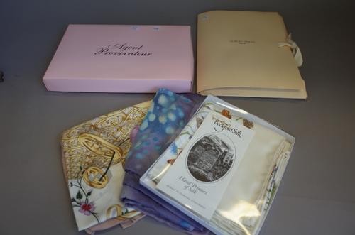 Two Giorgio Armani silk lady's scarves, a Gucci silk scarf, 85cm x 85cm, a Beckford silk scarf, a Loro Piana Cashmere blend shawl and lady's underwear