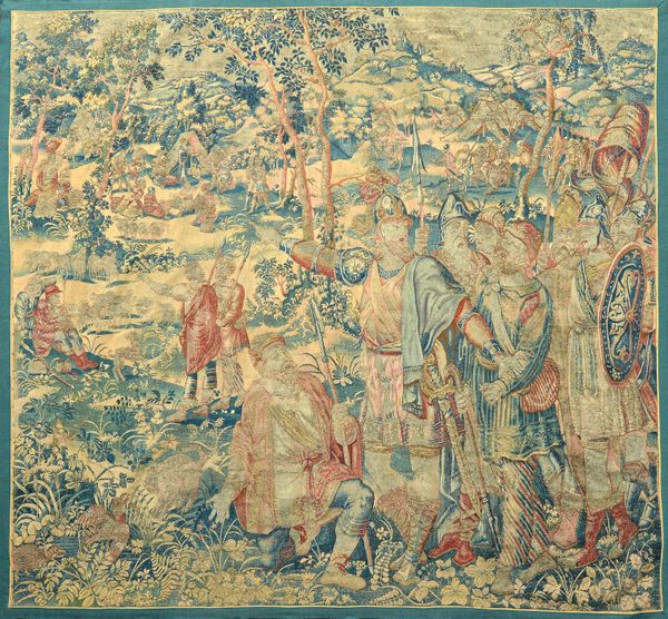 A 16th/17th century Flemish verdure Historic tapestry, central design of a military general and kneeling supplicant (possibly Alexander The Great), la