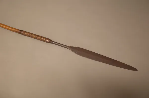 A South African Zulu stabbing spear, with rattan binding, 127.5cm.