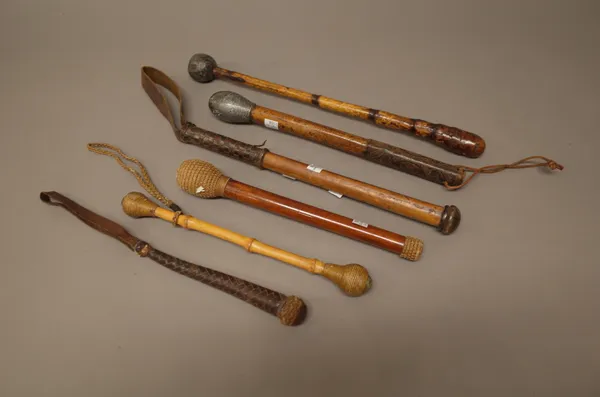 A bamboo and lead weighted slap jack or cosh, with rope bound detail (28.5cm) and five further coshes, (6).
