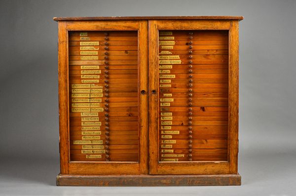 A late Victorian oak table top collector's/microscope slide cabinet, the pair of glazed doors enclosing two rows of thirty drawers, the majority label