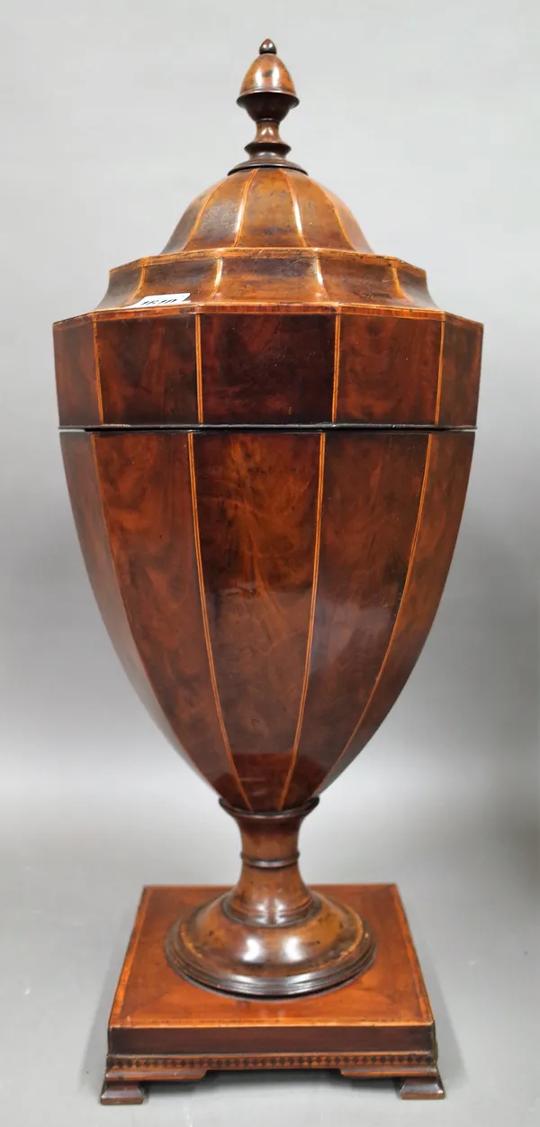 A George III inlaid mahogany urn shape knife box with pop up lid on square base, 28cm deep x 68cm high.