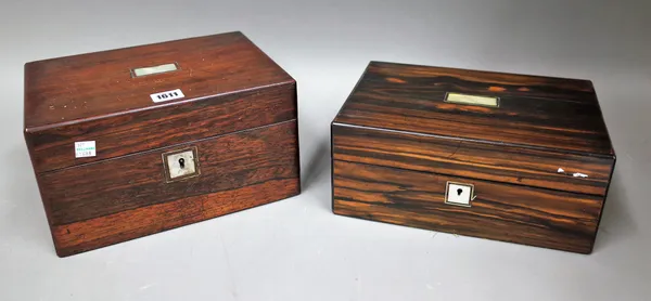 A Victorian mother-of-pearl inlaid rosewood toilet box, with side sprung drawer, 27cm wide x 15cm high, together with a similar coromandel box, 28cm w