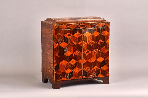 A George IV rosewood and specimen wood parquetry table top lady's sewing cabinet, the stepped hinged top and front doors with cube parquetry in yew, p