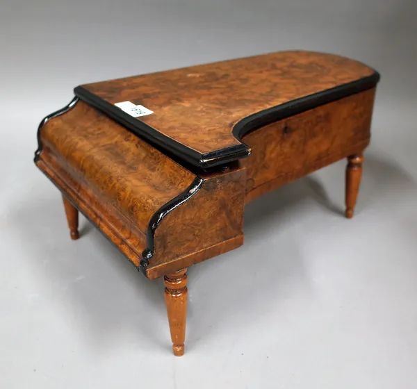 A late Victorian figured walnut novelty jewellery box in the form of a grand piano, 28cm wide x 43cm deep.