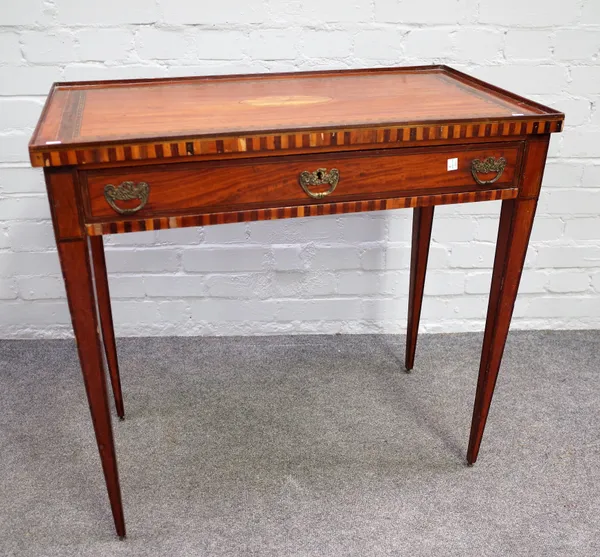 A late 18th century Dutch inlaid satinwood single drawer side table, on tapering square supports, 79cm wide x 77cm high.