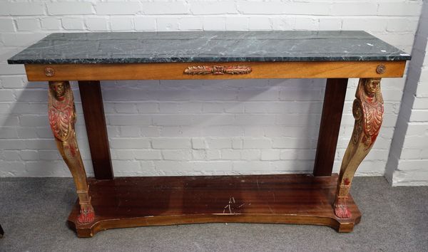 An 18th century style marble top console table on dual monopodia supports, 152cm wide x 92cm high.