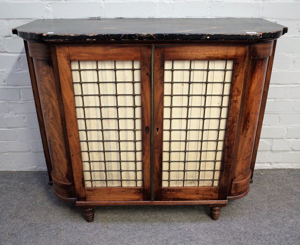 An early 19th century side cabinet, the 'D' shape faux painted marble top over a pair of brass grille doors, 100cm wide x 83cm high.