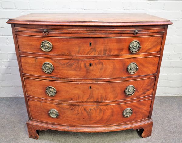 A Regency mahogany bowfront chest, the brushing slide over four long graduated drawers on bracket feet, 96cm wide x 90cm high.