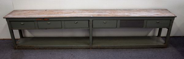 A large 19th century and later grey painted pine six drawer dresser base with pot board undertier, 406cm wide x 91cm high.