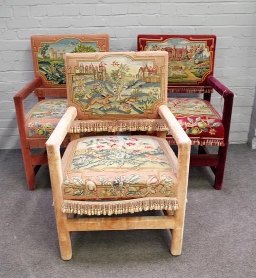 A set of three Charles II style square back open armchairs, with tapestry upholstery depicting large houses in formal gardens, 62cm wide x 95cm high (