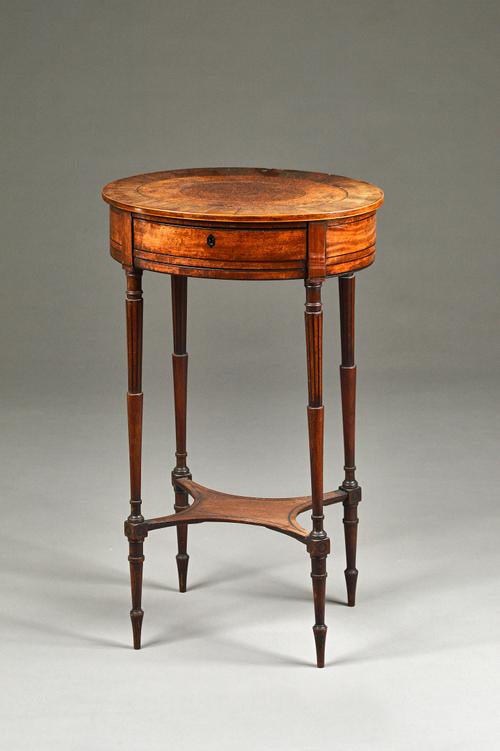 WILKINSON, LUDGATE HILL; an early 19th century mahogany, amboyna and burr yew work table, with single frieze drawer on turned supports, 46cm wide x 77