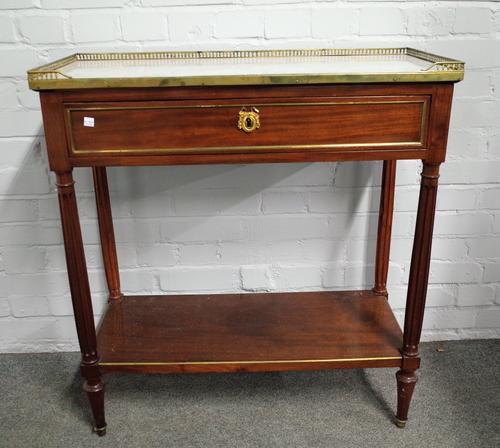 A 19th century French side cabinet, the galleried marble top over single drawer and platform undertier, on turned supports, 81cm wide x 88cm high.