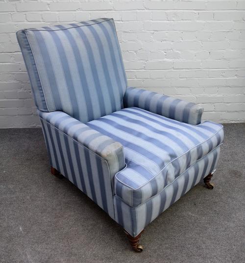 A Victorian square back easy armchair on turned walnut supports, 76cm wide x 94cm high.