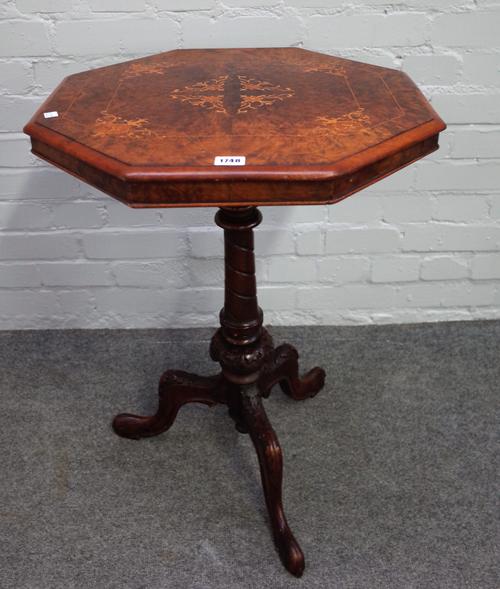 A Victorian marquetry inlaid figured walnut octagonal occasional table, on carved tripod base, 57cm diameter x 71cm high.