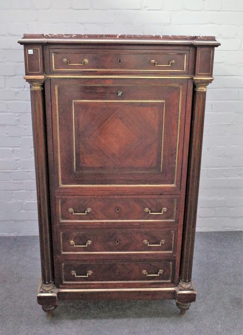 A 19th century French brass mounted rosewood secretaire a abattant, the marble top over four long drawers and fall front revealing a fitted interior,