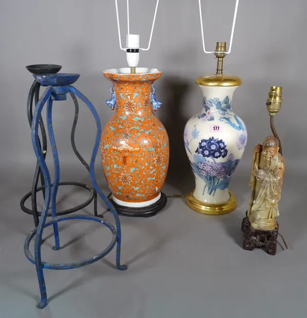 Lighting assorted to include; Chinese orange ground lamp base, modern decalcomania style lamp, pair wrought iron candle stands, tall wrought iron cand
