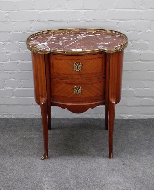 A Louis XVI style petite commode, the shaped brass galleried marble top over a pair of drawers, on shallow cabriole supports, 61cm wide x 79cm high x