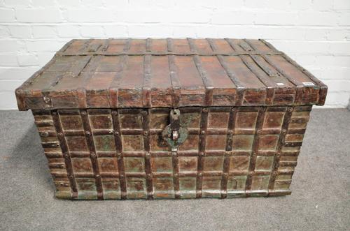 A 19th century Indian iron bound teak rectangular lift top trunk, 93cm wide x 62cm deep.