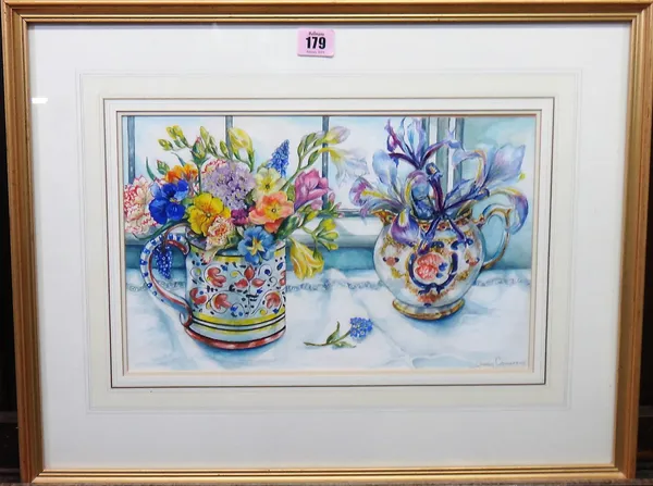 Jenny Cameron (late 20th century), Still life, watercolour, signed, 22cm x 35cm.; together with five floral prints.(6)  F1
