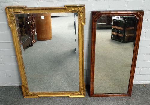 An early 18th century walnut arch top mirror, 36cm wide x 76cm high, together with a 19th century gilt wall mirror with out stepped square corners, 55