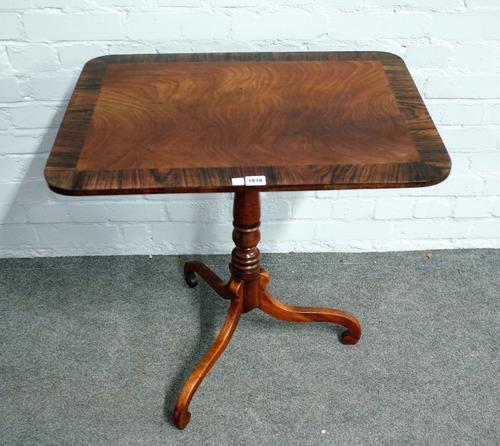A Regency rosewood banded mahogany rectangular snap top tripod occasional table, 68cm wide x 68cm high.